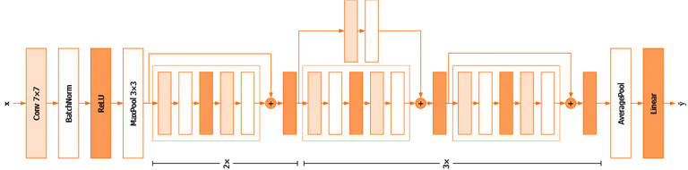 ResNet-18: a 7×7 convolution, batch normalization, ReLU and 3×3 max pooling, then two residual blocks with identity shortcuts, then three stages of two blocks whose first block uses a projection shortcut, and finally average pooling and a linear layer that outputs the prediction.